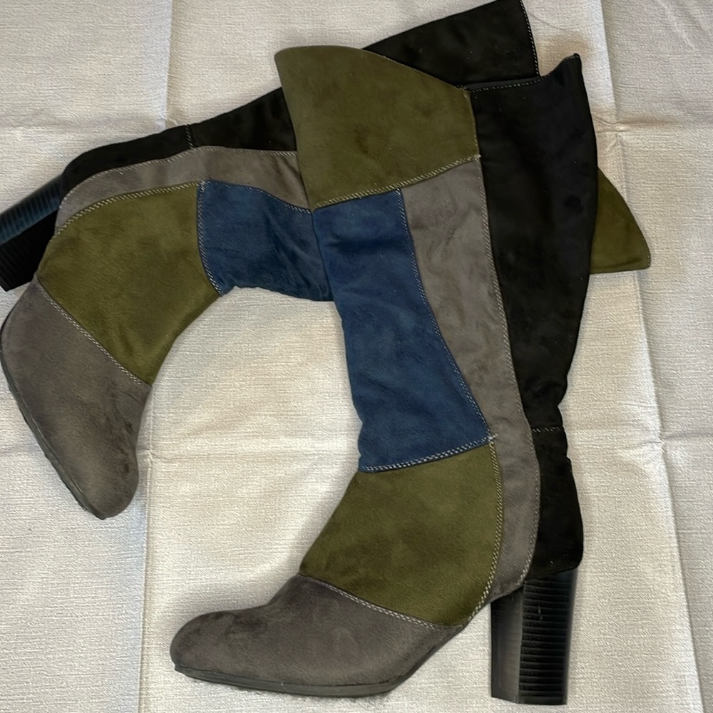 Ashley Stewart knee high patchwork zip up boots size 10W- feels like suede